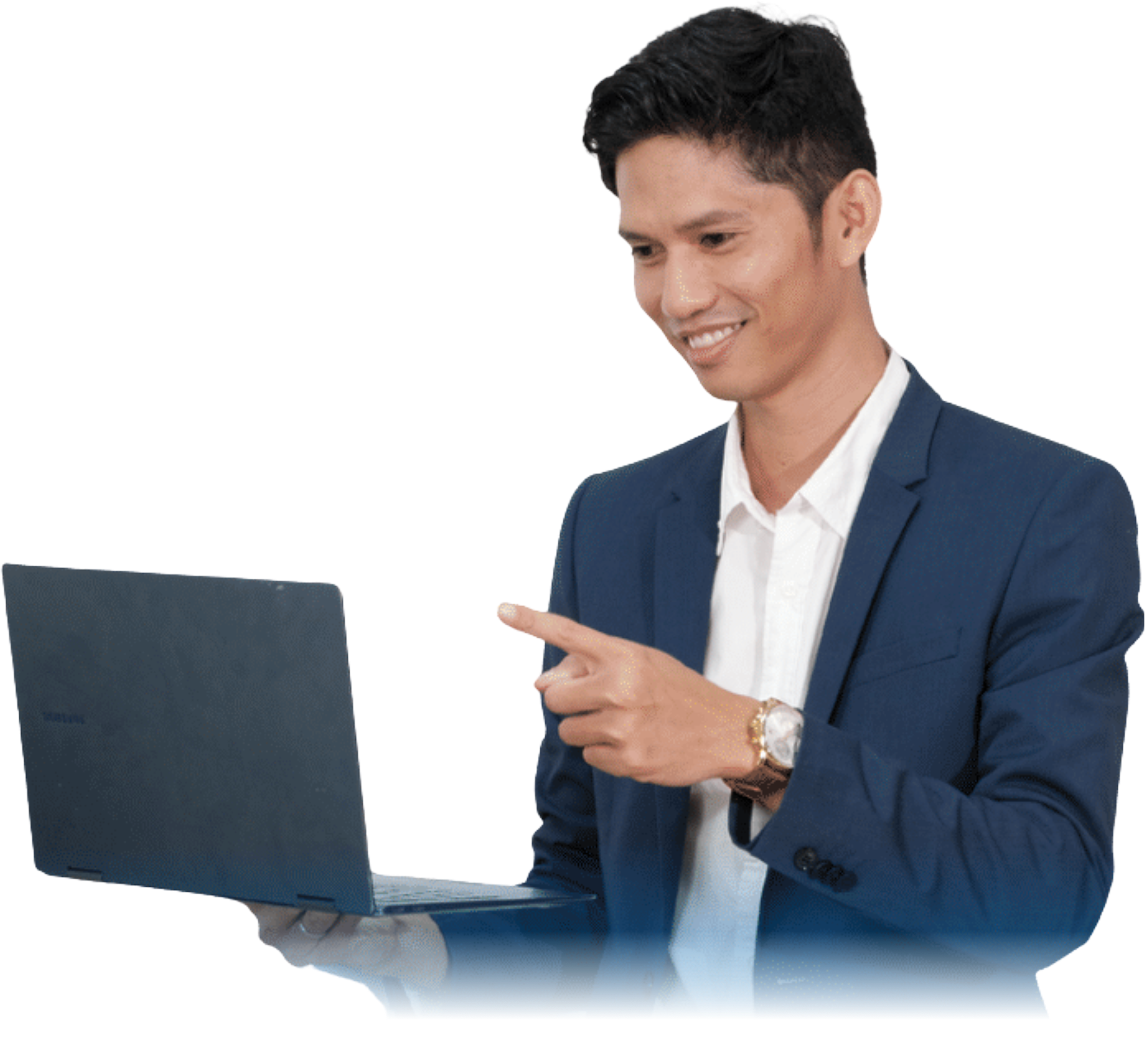 Gambar orang sedang memegang laptop